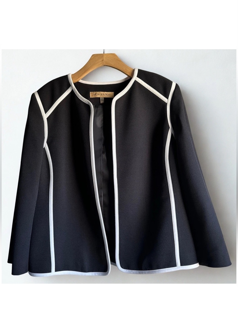 Nipon Boutique Black Crêpe Open Front Career Jacket – Size 12